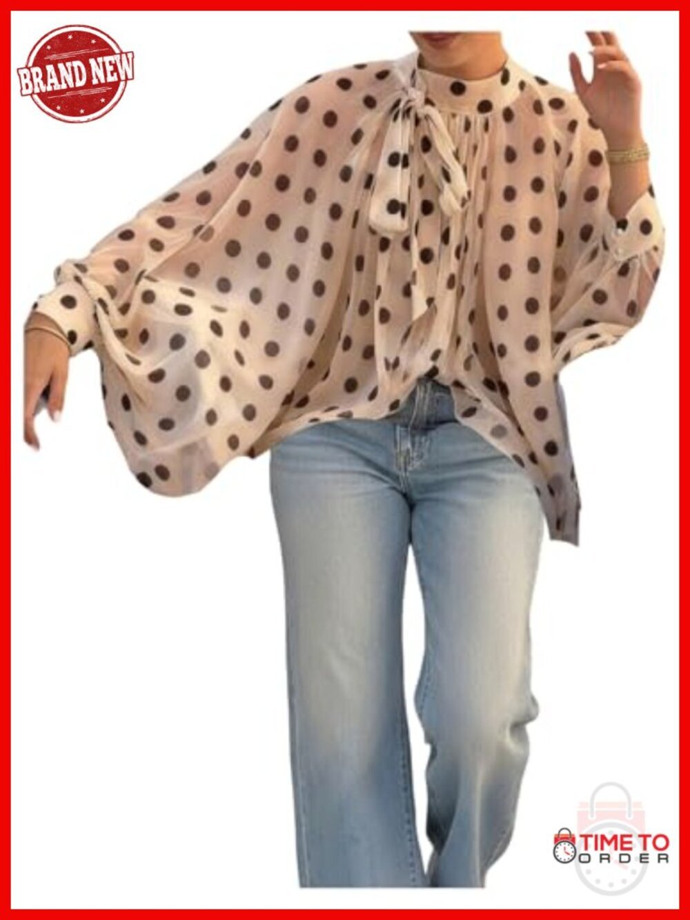 Polka Dot Bishop Sleeve Tie Neck Mesh Blouse